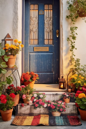 vintage welcome mat on a stylish doorstep, created with generative aiの素材