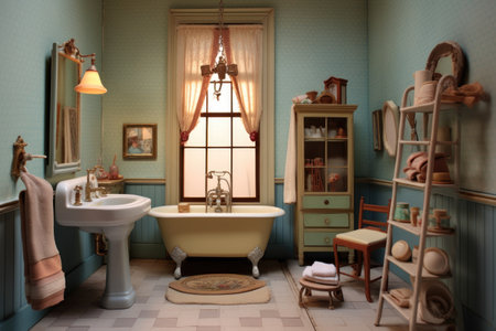 vintage dollhouse bathroom with clawfoot tub and vanity, created with generative aiの素材