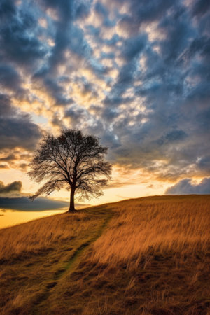 lone tree on a hill, silhouetted against a dramatic sky, created with generative aiの素材