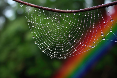 rainbow spectrum on a spider web after rain, created with generative aiの素材
