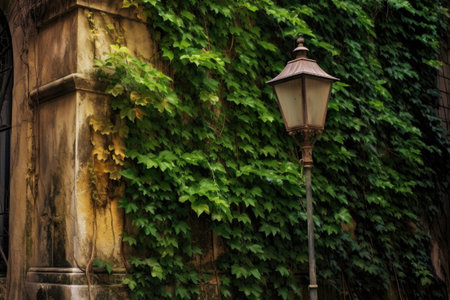 ivy-covered walls with vintage street lamp, created with generative aiの素材