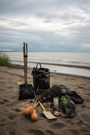 beach cleanup with trash bags and eco-friendly tools, created with generative aiの素材