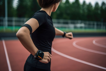 person, wearing fitness tracker and smartwatch, while running on the track, created with generative aiの素材