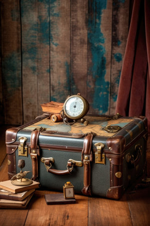 vintage suitcase with map and compass on wooden table, created with generative aiの素材
