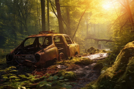 rusty car wreck in a forest, sunlight peeking through, created with generative aiの素材