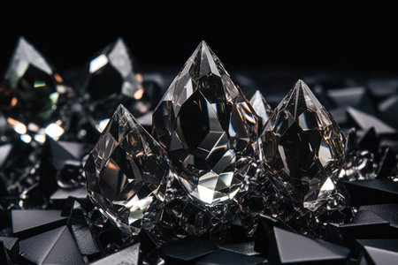 close-up of sparkling diamonds on black background, created with generative aiの素材