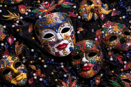 mardi gras masks and confetti on a black background, created with generative aiの素材