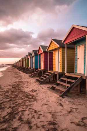 a row of colorful beach huts on a sandy shore, created with generative aiの素材
