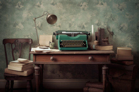 classic typewriter with aged paper on desk, created with generative aiの素材