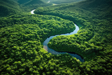 aerial shot of winding river through lush green landscape, created with generative aiの素材