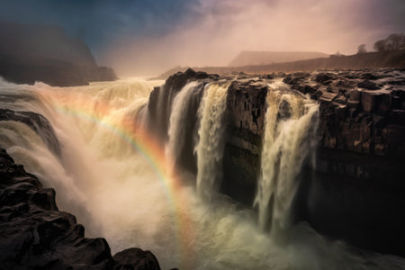 rainbow forming near a powerful waterfall, created with generative aiの素材