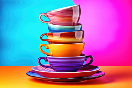 stack of colorful teacups on a bright background, created with generative aiの素材