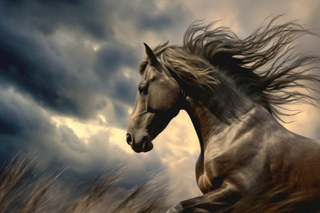 wild horse with windswept mane against dramatic sky, created with generative aiの素材