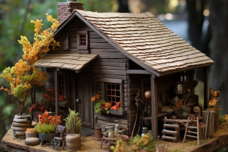 miniature rustic country cabin with wood accents, created with generative aiの素材