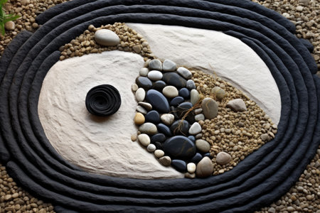 yin and yang symbol created with rocks in zen garden, created with generative aiの素材
