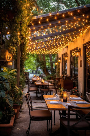 restaurant patio setting with twinkling lights and greenery, created with generative aiの素材