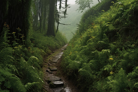rainy day on a muddy mountain path among lush greenery, created with generative aiの素材