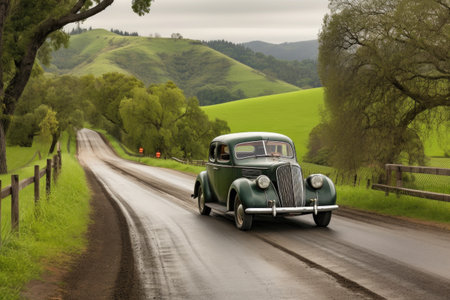 old-fashioned car on country road, with rolling hills in the background, created with generative aiの素材