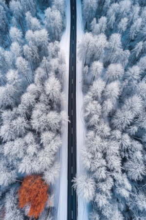 aerial view of a snowy forest road, created with generative aiの素材