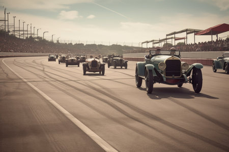 vroom! vintage vehicles on a racetrack, speeding past the finish line, created with generative aiの素材