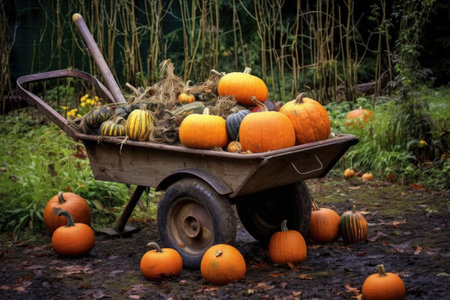 pumpkins in a wheelbarrow at the patch, created with generative aiの素材