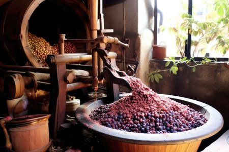 grapes being crushed in a traditional wine press, created with generative aiの素材