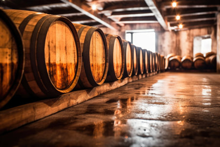 close-up of oak barrels aging whisky in a warehouse, created with generative aiの素材