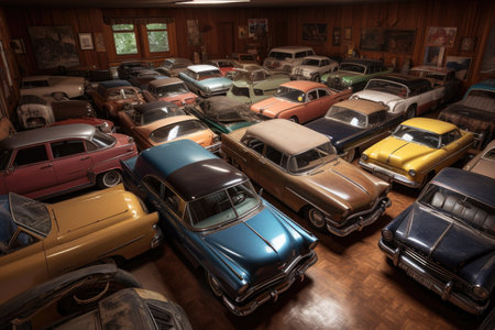 vintage vehicle collection, with each car representing a different decade and era, created with generative aiの素材