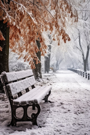 fresh snow on a wooden bench in a park, created with generative aiの素材