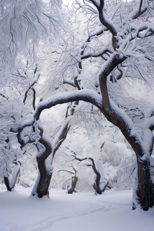 tree branches covered in fresh snow, created with generative aiの素材