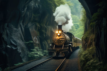 steam train passing through a mountain tunnel, smoke trailing, created with generative aiの素材