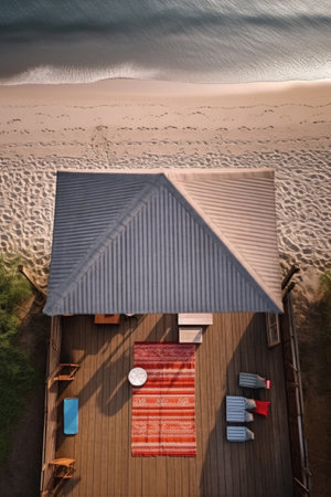 aerial view of a yoga mat on a wooden deck by the beach, created with generative aiの素材