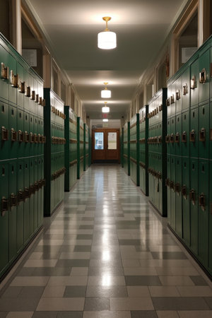 row of lockers in a brightly lit hallway, created with generative aiの素材