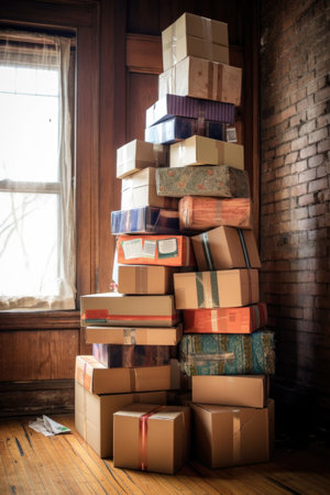 stack of cardboard boxes with shipping labels, created with generative aiの素材