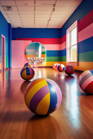 colorful exercise balls in a fitness studio, created with generative aiの素材