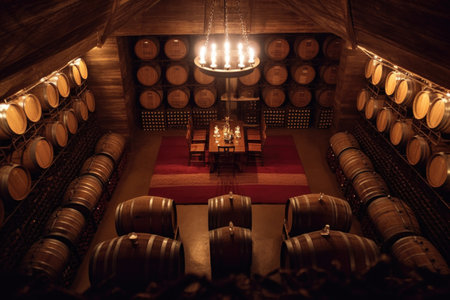 aerial view of wine barrels arranged in cellar, created with generative aiの素材