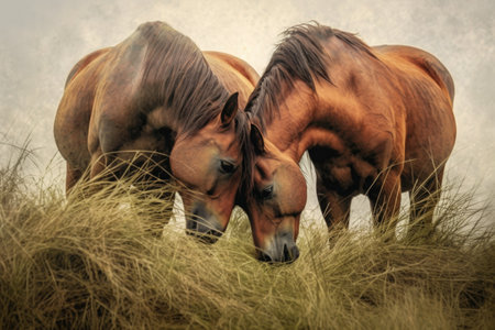 a pair of wild horses grooming each other in a meadow, created with generative aiの素材