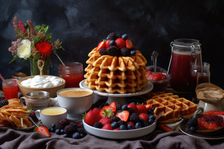breakfast spread with waffles, berries, and a drizzle of syrup, created with generative aiの素材