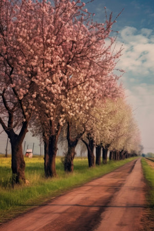 row of blooming trees along a countryside road, created with generative aiの素材