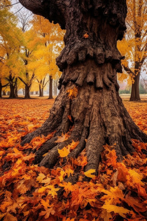 autumn leaves scattered around a tree trunk, created with generative aiの素材
