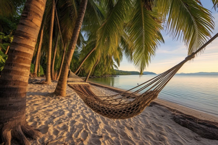 hammock hanging between palm trees on a beach, created with generative aiの素材