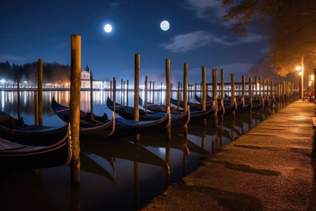 gondolas lined up under a romantic moonlit sky, created with generative aiの素材
