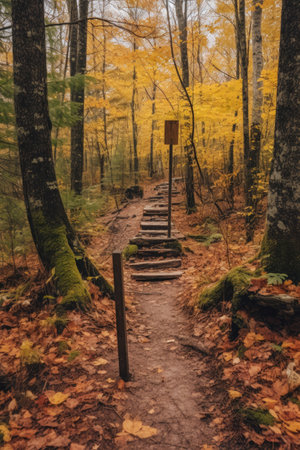 hiking trail with signage indicating difficulty level, created with generative aiの素材