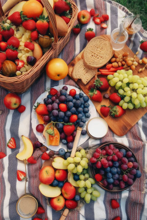 picnic setup with fresh fruits on a blanket, created with generative aiの素材