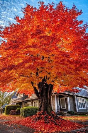 vibrant maple tree with fiery red leaves in fall, created with generative aiの素材