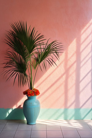 tropical palm leaves casting shadows on pastel wall, created with generative aiの素材