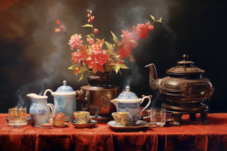 chinese tea ceremony with steaming teapot and cups, created with generative aiの素材