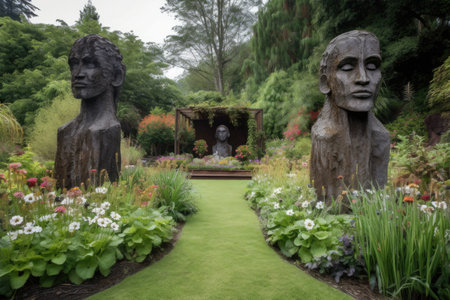 unique sculptures in a garden setting, surrounded by greenery and flowers, created with generative aiの素材