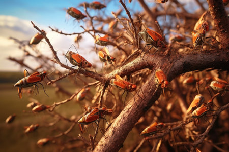 close-up of locusts on a tree branch in africa, created with generative aiの素材