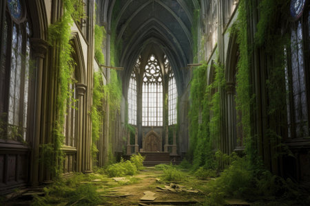 gothic cathedral entwined with green foliage, created with generative aiの素材